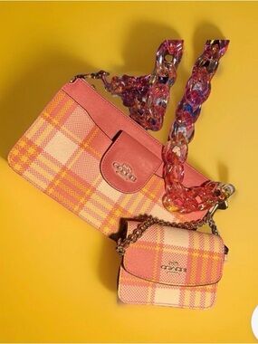 Coach poppy orange yellow Plaid Chain Shoulder Bag